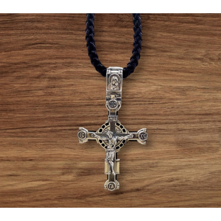 Деревянный Крест 51 Распятие Христа (Спаси и Сохрани) с серебром чернением (эбеновое дерево) 4039-IDE