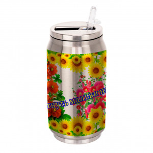 Термокружка серебряная "Квітнуть мальви на ганку"