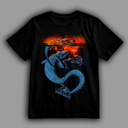 Футболка Мир Юрского периода. Мозазавр и Тираннозавр Рекс в сражении 