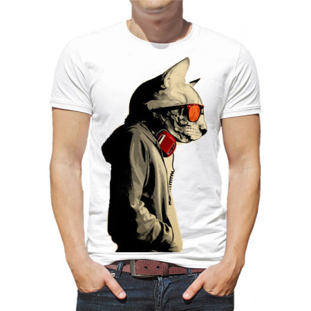 Мужская футболка Кот в очках и наушниках (teenage cat) из хлопка