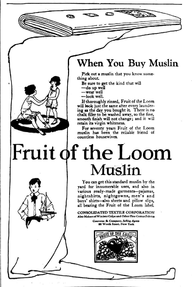 Реклама муслиновых нитей, первой продукции основателей Fruit of the Loom